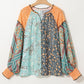 Green Floral Patchwork V Neck Lantern Sleeve Plus Size Blouse