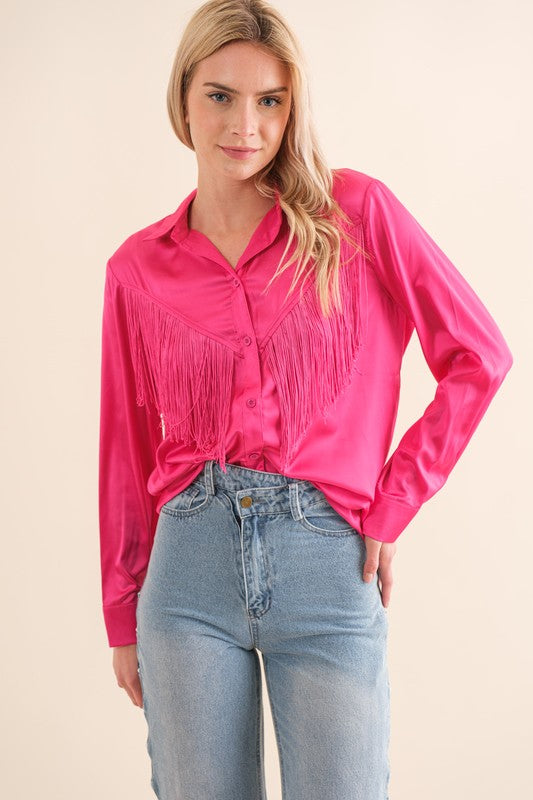 Satin Shirt Blouse with Chevron Fringe