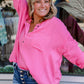 Bonbon Chest Pocket Crinkle Drop Sleeve Plus Size Henley Top