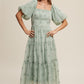 Flower Embroidered Puff Sleeve Tiered Maxi Dress