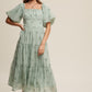 Flower Embroidered Puff Sleeve Tiered Maxi Dress