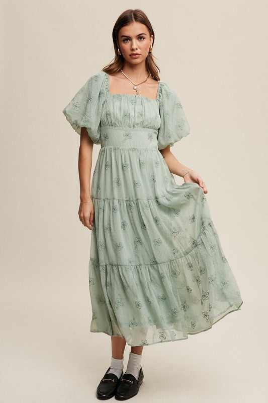 Flower Embroidered Puff Sleeve Tiered Maxi Dress