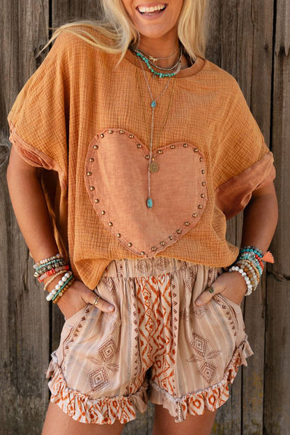 Desert Gold Stud Heart Patch Textured Dolman Top