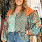 Green Floral Patchwork V Neck Lantern Sleeve Plus Size Blouse