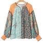 Green Floral Patchwork V Neck Lantern Sleeve Plus Size Blouse