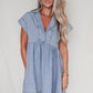 Beau Blue Lapel Neck Cap Sleeve High Waist Denim Babydoll Dress