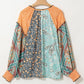 Green Floral Patchwork V Neck Lantern Sleeve Plus Size Blouse